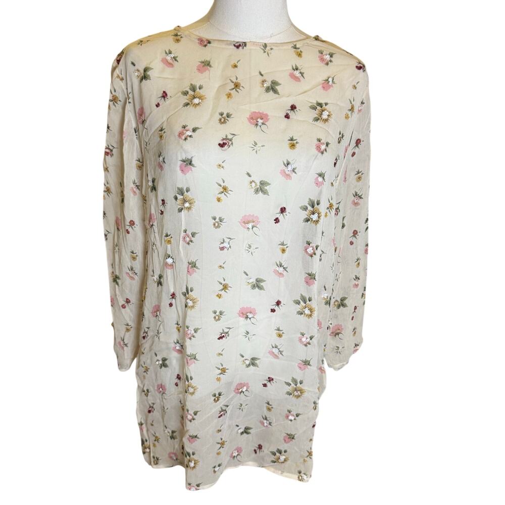 Amanda Smith Vintage Sheer Floral Beaded Tunic Top Size Medium 80/90s